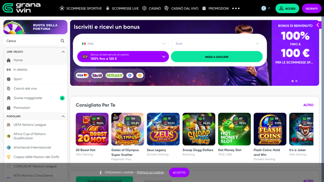 Screenshot reale del sito Granawin Casino
