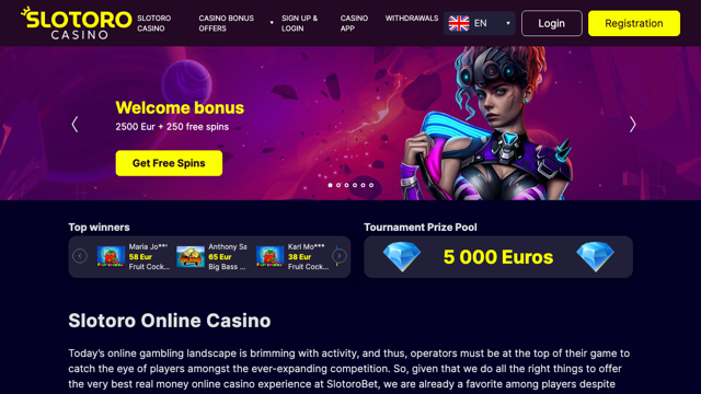 Screenshot reale del sito Slotoro Casino