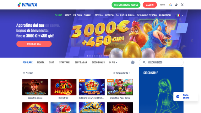 Screenshot reale del sito Winnita Casino