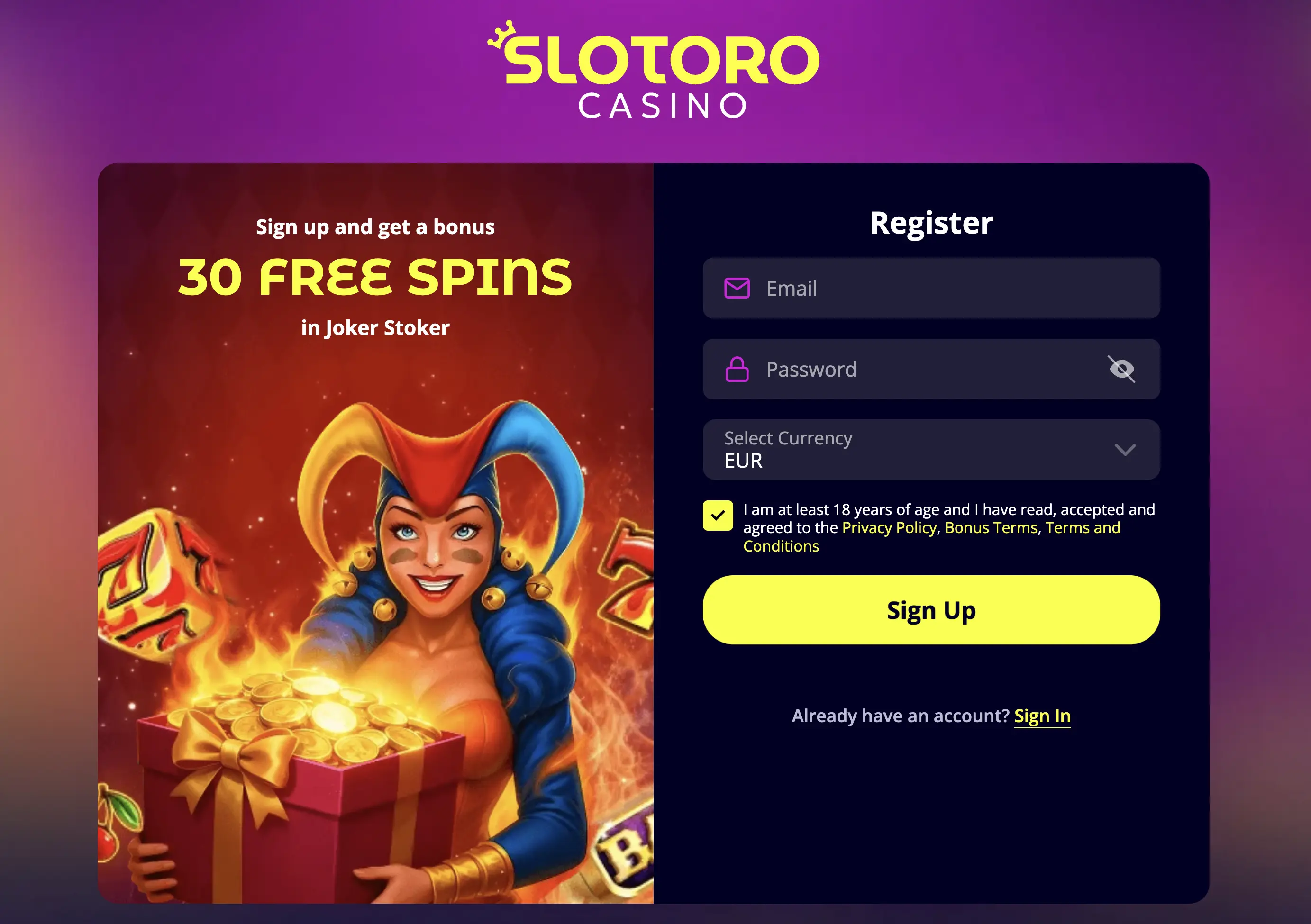 Anteprima della promo Slotoro riservata ai nuovi iscritti