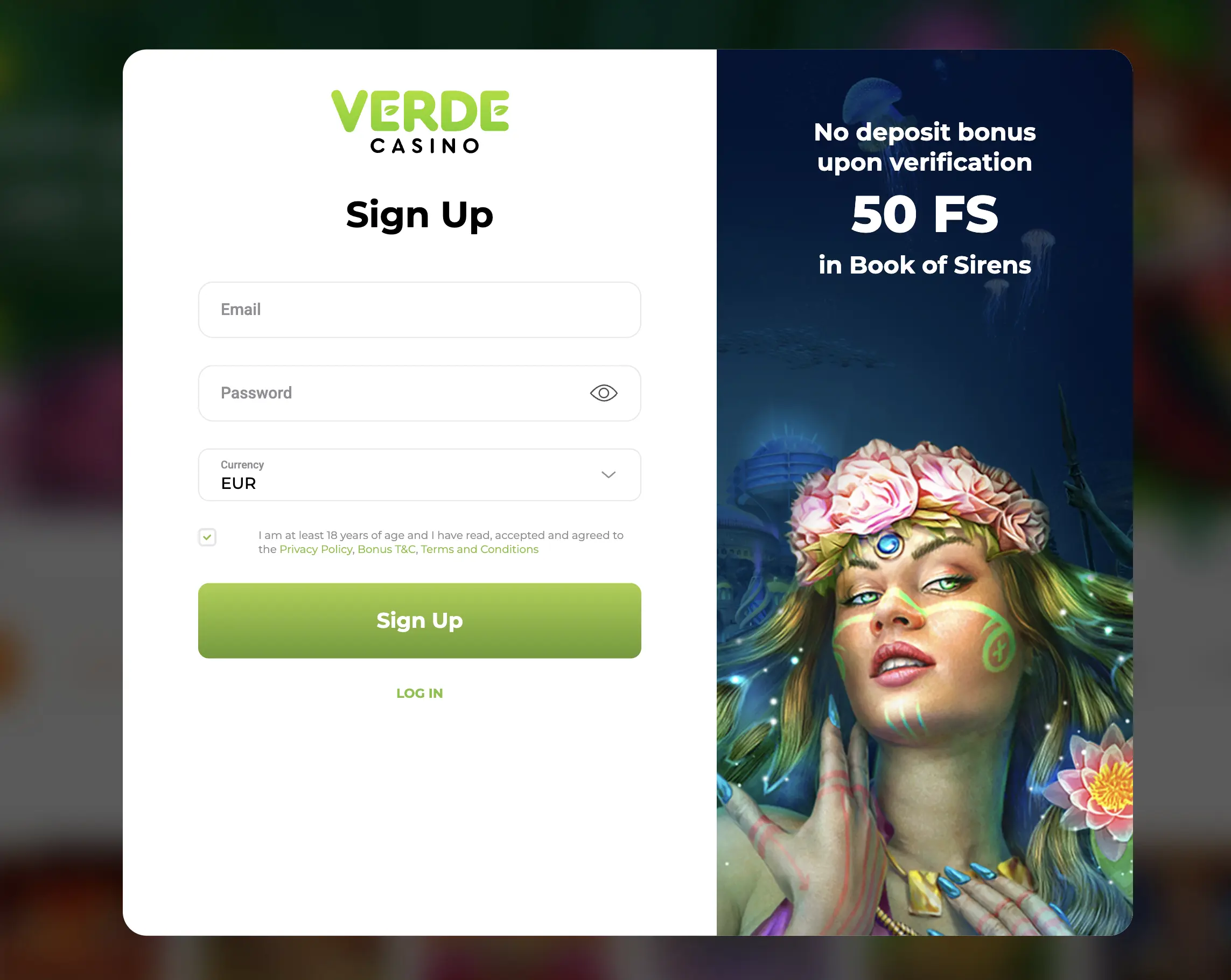 Offerta di Verde Casino illustrata nella recensione